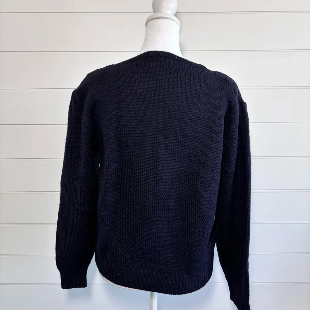 JH Collectibles Vintage 80s Navy Wool Floral Knit‎ Puff Shoulder Cardigan L